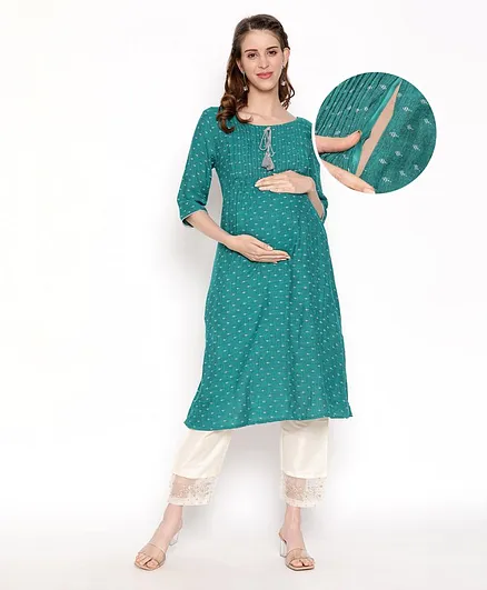 Bella Mama Half Sleeves Printed Maternity Ethnic Kurta - Green