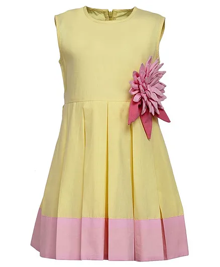 A Little Fable Sleeveless Pleated Hem Flower Embellished Dress - Yellow