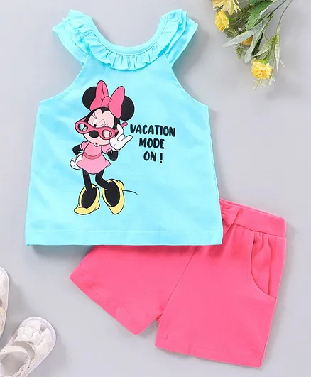 Babyhug Sleeveless Top & Shorts Minnie Mouse Print - Sea Green Fuchsia