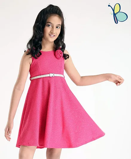 Hola Bonita Knee Length Party Frock with Corsage - Pink