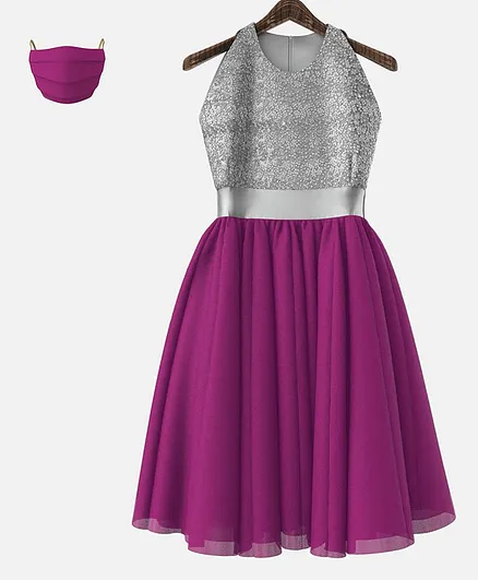 HEYKIDOO Sleeveless Contrast Flared Glitter Finish Yoke Dress With Mask - Dark Pink