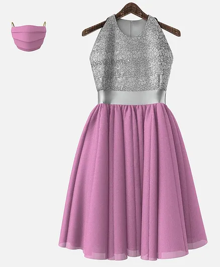 HEYKIDOO Sleeveless Contrast Flared Glitter Finish Yoke Dress With Mask - Pink