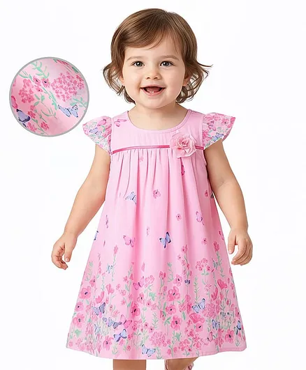 Hola Bonita Georgette Woven Cap Sleeves Frock With Floral Print & Applique - Pink