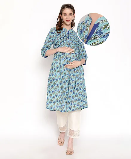 Bella Mama Half Sleeves Maternity Ethnic Kurta Floral Print - Blue