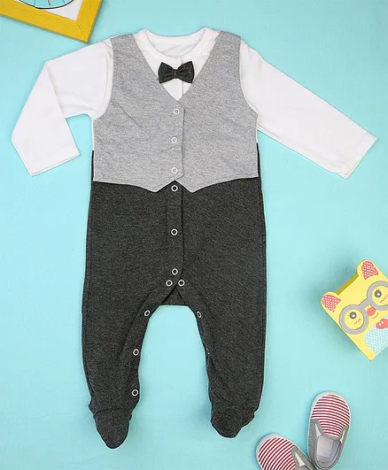 COCOON ORGANICS Full Sleeves Solid Colour Mock Waistcoat & Bow Tie Detailing Footed Romper - Grey & Black