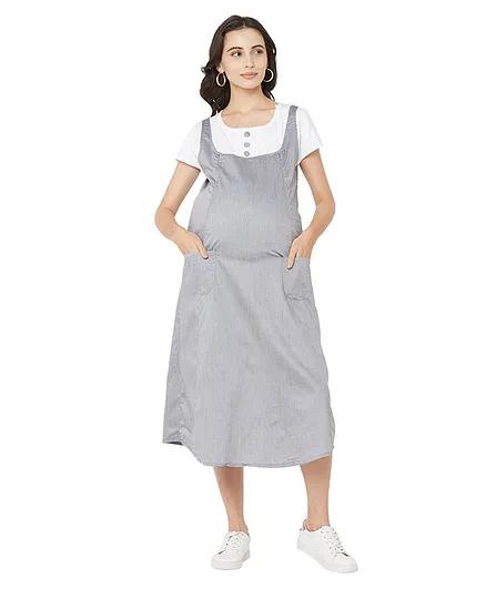MOM'S BEE Half Sleeves A-Line Solid Dress - Grey