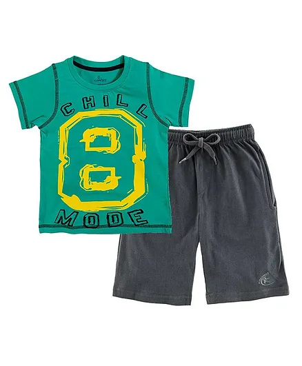 Kiddopanti Half Sleeves Chill Mode Print T-Shirt & Knee Length Short Set - Green & Grey