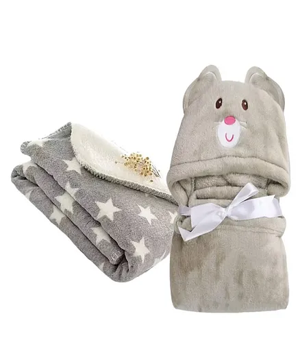 Brandonn Hooded Baby Blanket Star Print Set of 2 - Grey