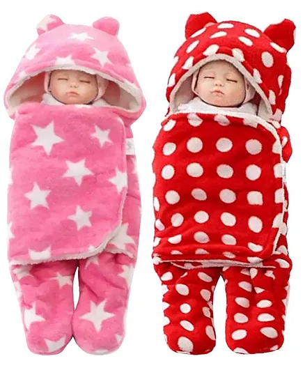 Brandonn Hooded Wearable Blanket Star & Polka Dot Print Pack of 2 - Red Pink