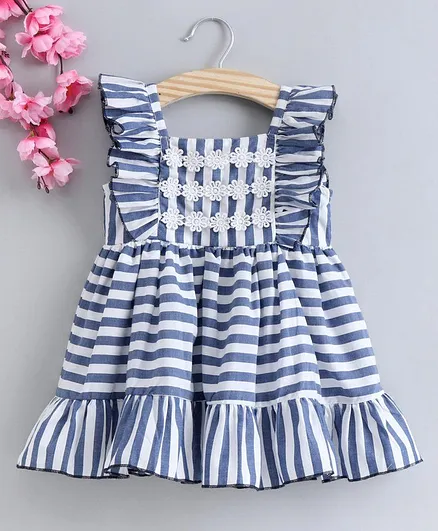 Babyhug Sleeveless Striped Frock with Floral Embroidered Bodice - Blue