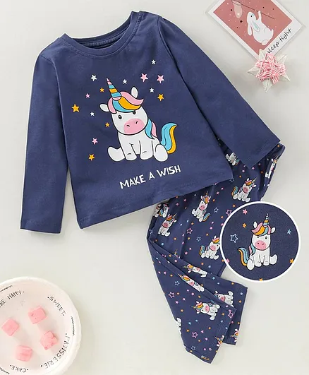 Babyhug Full Sleeves Night Suit Unicorn Print - Navy Blue