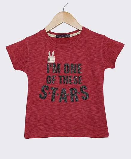 Ziama Short Sleeves Glitter Text Print Top - Red