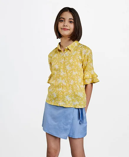 AND Girl Half Sleeves Floral Print Button Down Top - Yellow