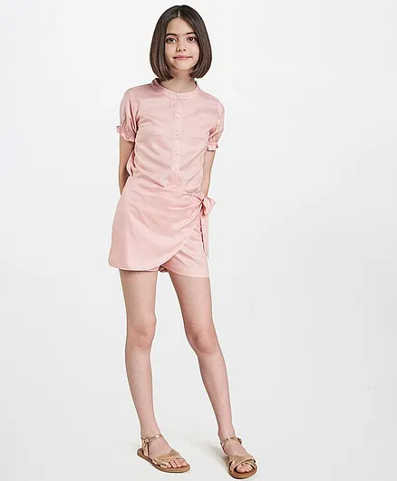 AND Girl  Short Puffed Sleeves Button Down Top With Overlap Style Knotted Bow Shorts - Pink