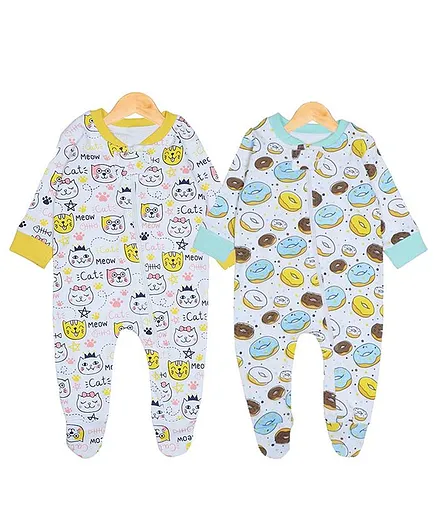 The Mom Store Pack Of 2 Full Sleeves Cats & Doughnuts Print Footed Rompers - Blue & Yellow