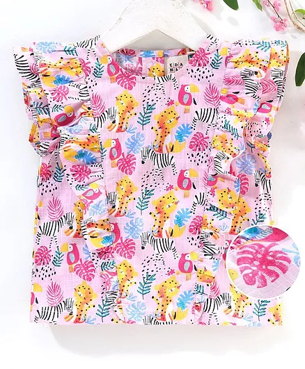 Ed-a-Mamma Short Sleeves Animals Print Ruffle Detailing Top - Pink