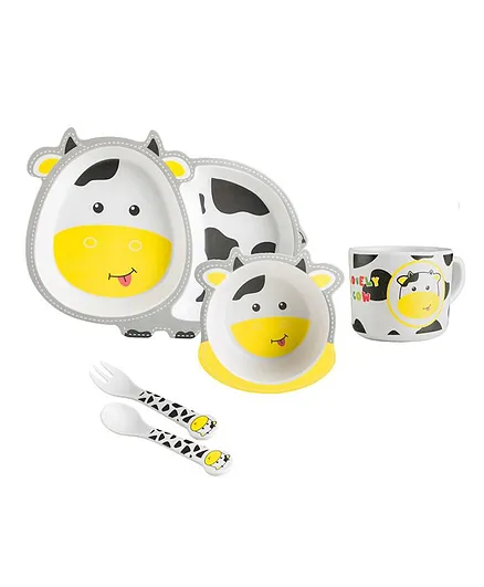 Earthism Eco Friendly Bamboo Fibre Kids Feeding Set Cow Design Pack of 5 - Yellow White