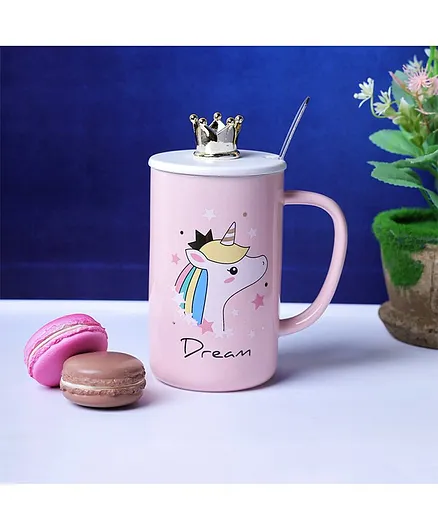 A Vintage Affair Mug with Spoon Unicorn Print Pink - 400 ml