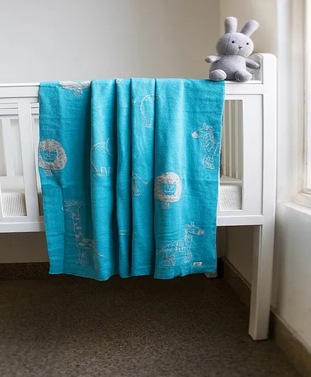 Pluchi Cotton Knitted AC Blanket Jungle Print - Blue