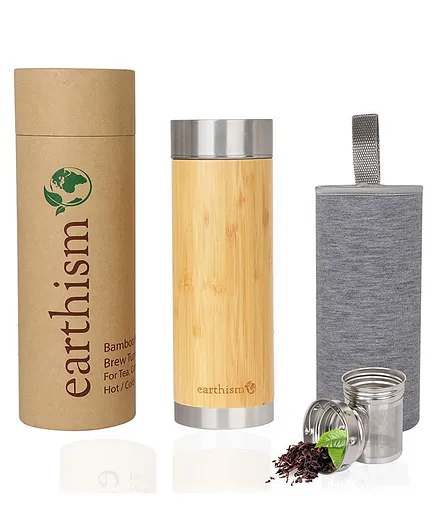 Earthism Bamboo & Stainless Steel Vacuum Insulated Bottle/ Flask With Infuser & Strainer Brown - 500 ml