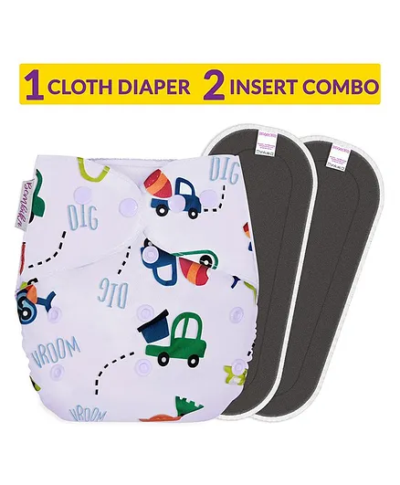 Bembika Reusable Pocket Cloth Diaper With 2 Bamboo Charcoal Inserts - White