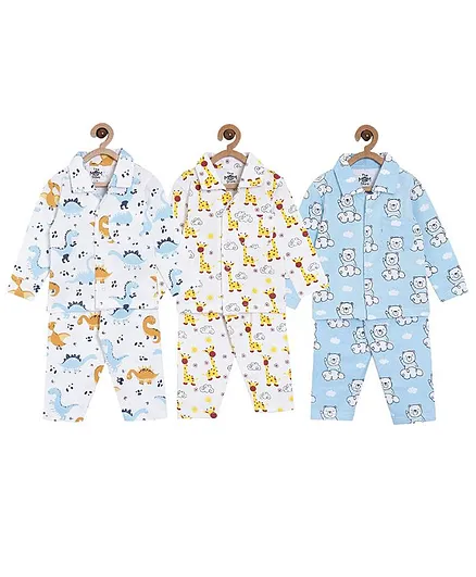 The Mom Store Combo Of 3 Full Sleeves Dinosaur Print Night Suit  - Multicolor