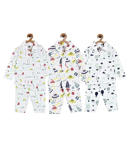 The Mom Store Combo Of 3 Full Sleeves City Drive Print Night Suit  - Multicolor
