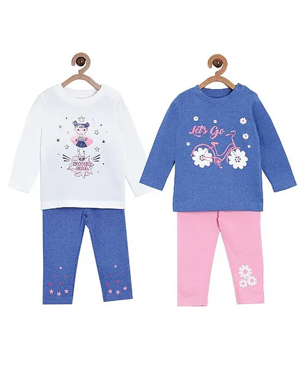 The Mom Store Combo Of 2 Full Sleeves Girl Print Night Suit  - Blue White Pink