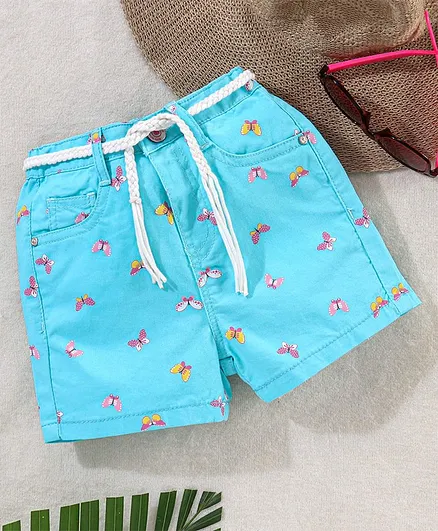 Babyhug Washed Cotton Twill Lycra Woven Shorts Butterfly Print - Blue