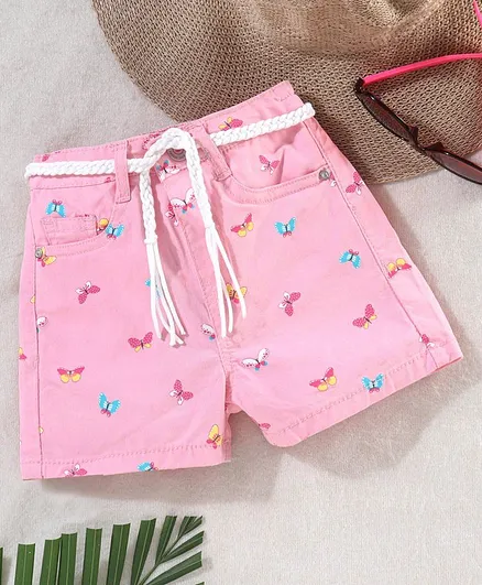 Babyhug Washed Cotton Twill Lycra Woven Shorts Butterfly Print - Candy Pink