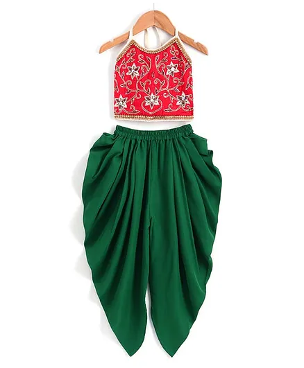 Twisha Sleeveless Beaded Floral Detailing Top With Dhoti - Red & Green