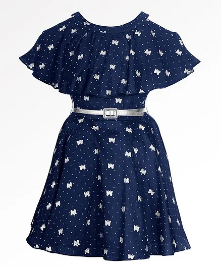 Naughty Ninos Half Sleeves Glittery Butterfly Printed Dress - Navy Blue