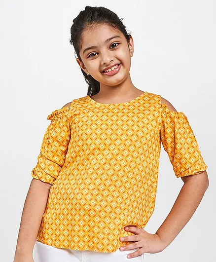 Global Desi Girl Half Sleeves Floral Print Top - Yellow