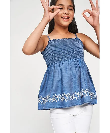 Global Desi Girl Sleeveless Floral Design Smocked Top - Blue