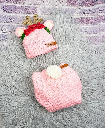 The Original Knit Reindeer Cap & Diaper Cover Handmade Crochet Photography Prop - Pink