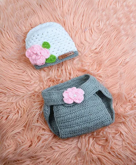 The Original Knit Flower Cap & Diaper Cover Handmade Crochet Photography Prop - Grey White