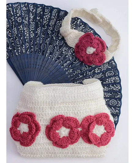 The Original Knit Headband & Diaper Cover Floral Applique Handmade Crochet Photography Prop - White