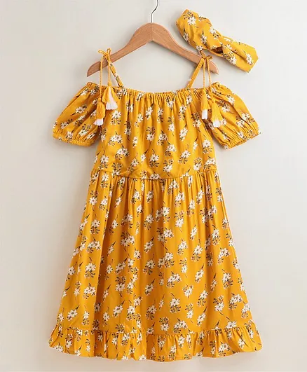 Pine Kids Viscose Fabric Half Sleeves Dress With Cotton Lining Floral Print - Yellow