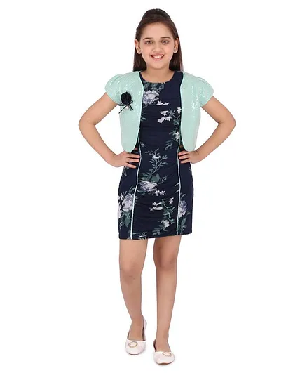 Cutecumber Sleeveless Floral Print Dress With Short Sleeves Sequined Shrug - Navy Blue