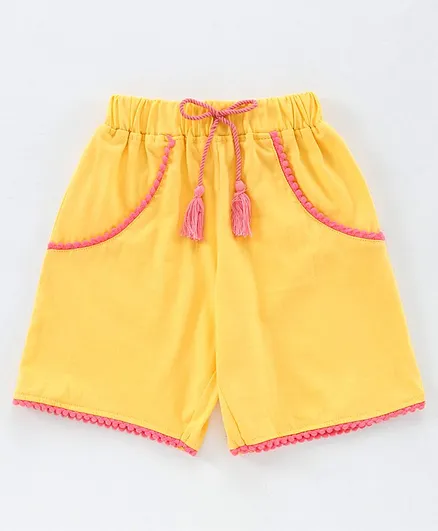 Ojos Mid Thigh Length Pom Pom Lace Border Shorts - Lemon
