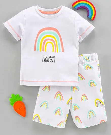 Bloom Up Half Sleeves Tee and Shorts Set Rainbow Print - White