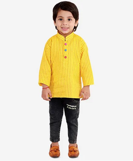 KID1 Full Sleeves Handloom Thread Work Striped Kurta - Yellow