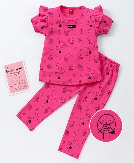 WOW Half Sleeves Night Suit Heart Print - Pink