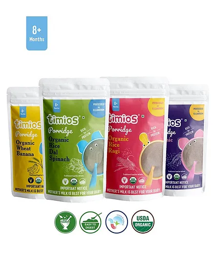 timios Organic Porridge Wheat Banana Rice Dal & Spinach Rice Ragi and Rice Ragi and Dal 100% Natural Health Mix Healthy Wholesome Food Rich In Protein Trial Pack of 4 - 100g