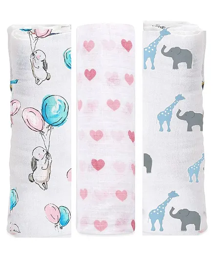 Elementary Organic Cotton Muslin Swaddle Wraps Magical Unicorn Bunny Print Set of 3 - Pink & Blue