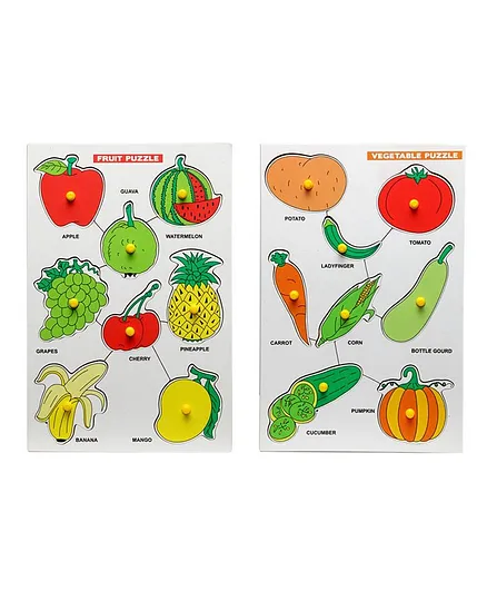 The Little boo Wooden Knob and Peg Fruit and Vegetables Puzzle Pack of 2 Multicolor - 8 Pieces each 