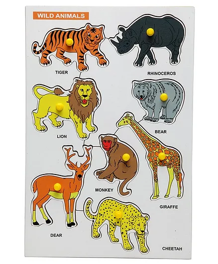The Little Boo Wooden Knob and Peg Wild Animals Puzzle Multicolor - 9 Pieces