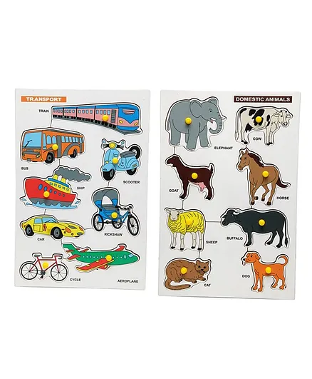 The Little boo Wooden Knob and Peg Vehicles and Domestic Animals Puzzle Pack of 2 Multicolor- 8 Pieces each