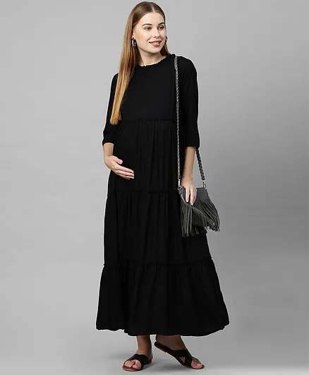 MomToBe Three Fourth Sleeves Solid Layered Maternity Dress - Black