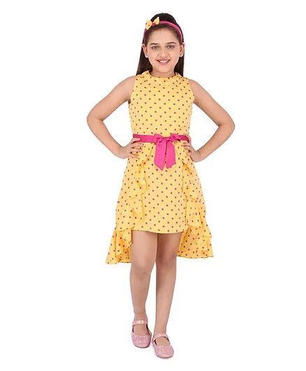 Cutecumber Sleeveless Polka Dotted Dress With Hair Band - Yellow